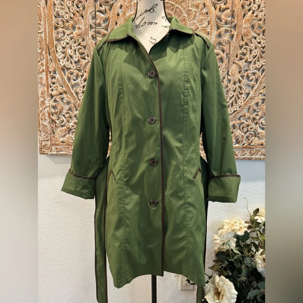 Dennis by Dennis Basso Green & Brown Belted Water Resistant Trench Coat- size L